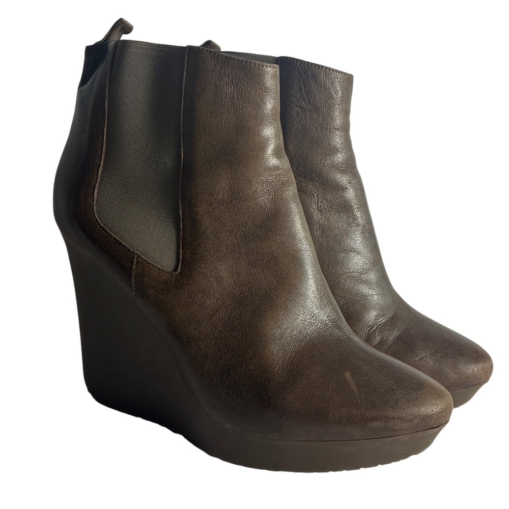 Jimmy Choo Brown Leather Wedge Ankle Boots Platform Chelsea Booties Gold Logo 39